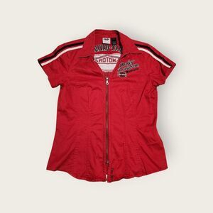 Vintage Y2k Harley Davidson red zip up collared fitted cap sleeve shirt